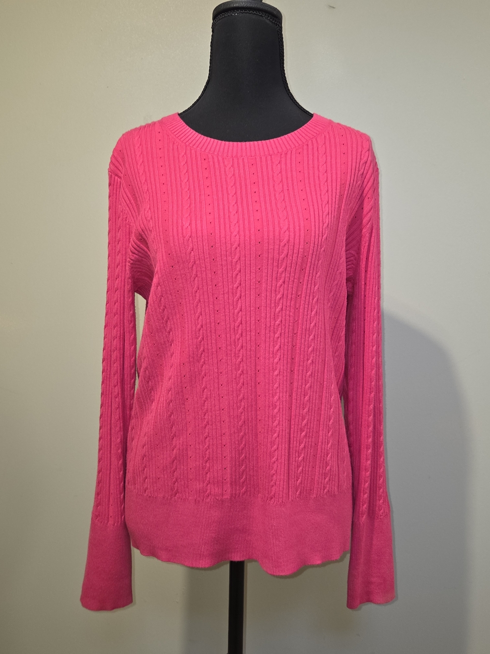 Talbots Hot Pink Cable-Trim Crewneck Sweater